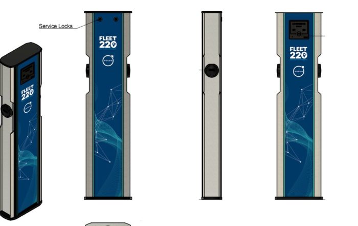 Vista tecnica della colonnina di ricarica Fleet220, con dettagli su punti di montaggio e componenti di servizio, progettata per l'integrazione con le flotte elettriche