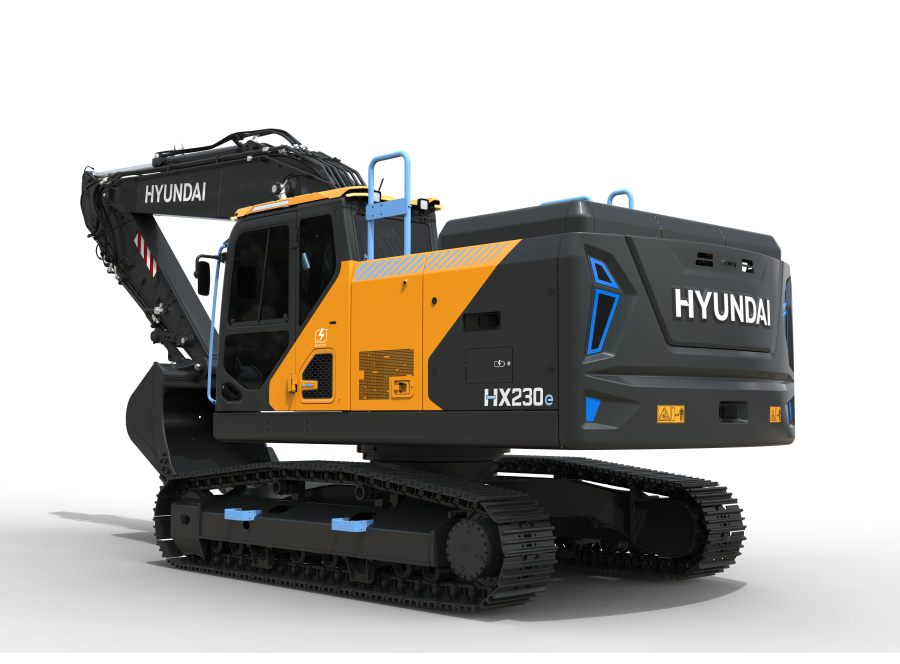 Vista posteriore dell’escavatore cingolato elettrico Hyundai HX230e, dotato di un pacco batterie da 300 kWh e progettato per offrire elevate prestazioni senza emissioni nei cantieri urbani e nelle aree sensibili