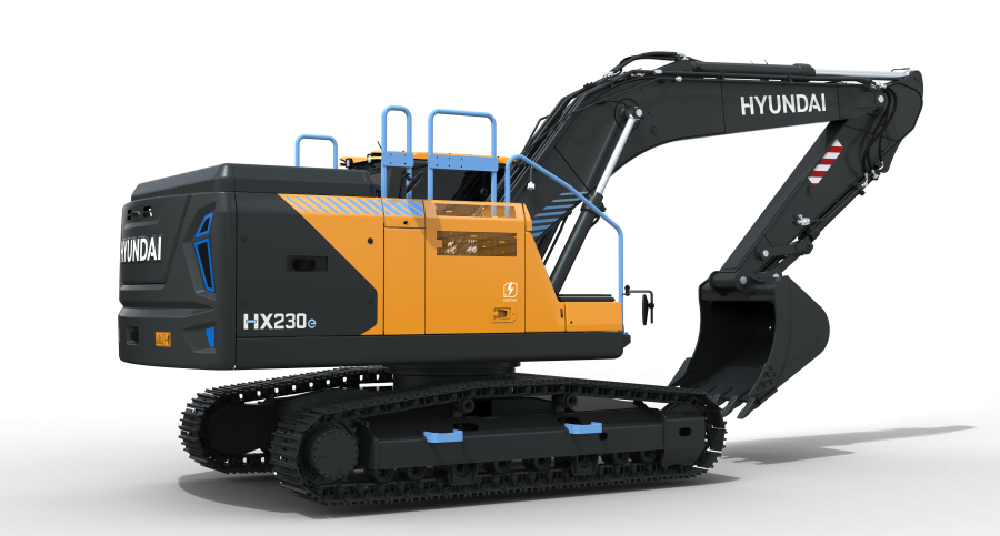 Profilo laterale dell’escavatore Hyundai HX230e, equipaggiato con tecnologia full-electric e sistema di raffreddamento a liquido, che garantisce autonomia fino a 8 ore in condizioni operative standard