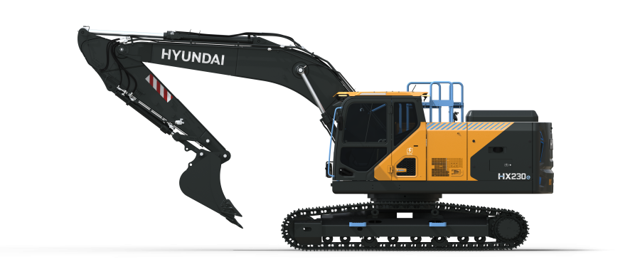 Vista completa dell’escavatore elettrico Hyundai HX230e, sviluppato come concept per la nuova generazione di macchine da cantiere a zero emissioni, con struttura compatta, prestazioni equivalenti ai modelli diesel da 23 tonnellate e tempi di ricarica rapidi
