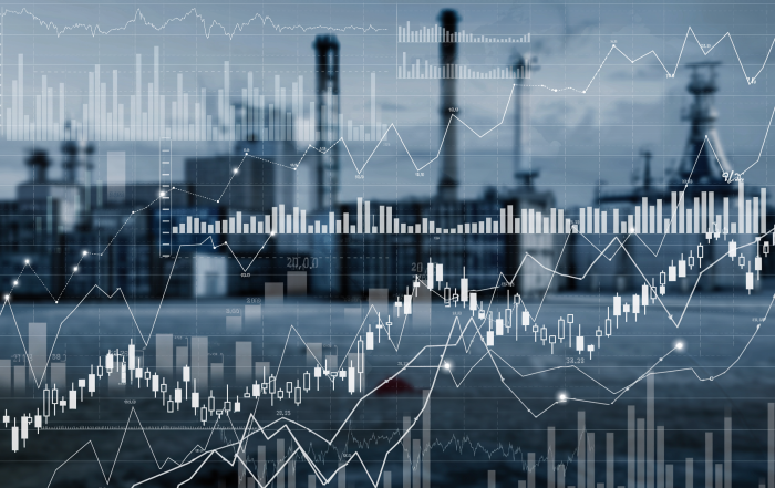 Visualizzazione astratta di andamenti economici e risultati aziendali con grafici finanziari e curve di fatturato sovrapposti a uno sfondo industriale europeo.