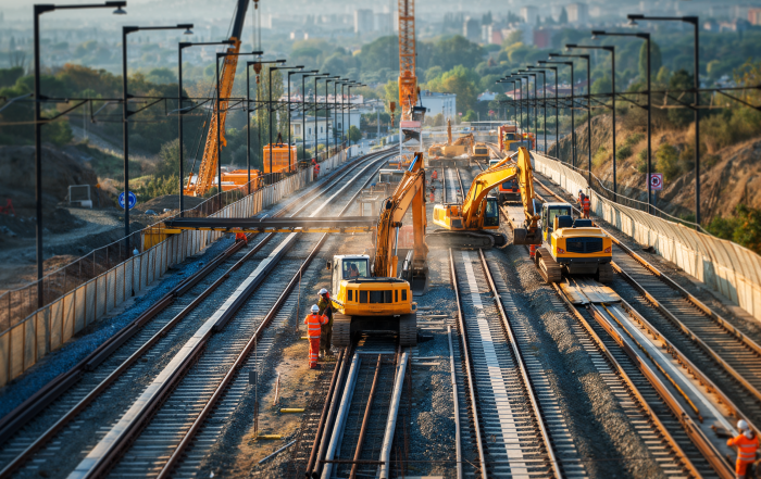 Cantiere ferroviario italiano con posa binari e macchine movimento terra