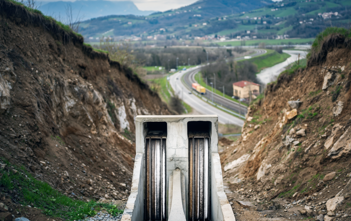 Opera di drenaggio idraulico in cemento armato inserita in un versante instabile, con terreno scavato e segni di frana attiva; sullo sfondo infrastruttura stradale in area collinare italiana soggetta a dissesto idrogeologico.
