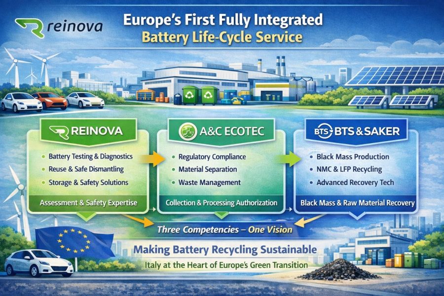 Infografica sul servizio integrato europeo per il ciclo di vita delle batterie al litio: test e diagnostica, gestione normativa e riciclo industriale con produzione di black mass, sviluppato da Reinova, A&C Ecotec e BTS & Saker in Italia.